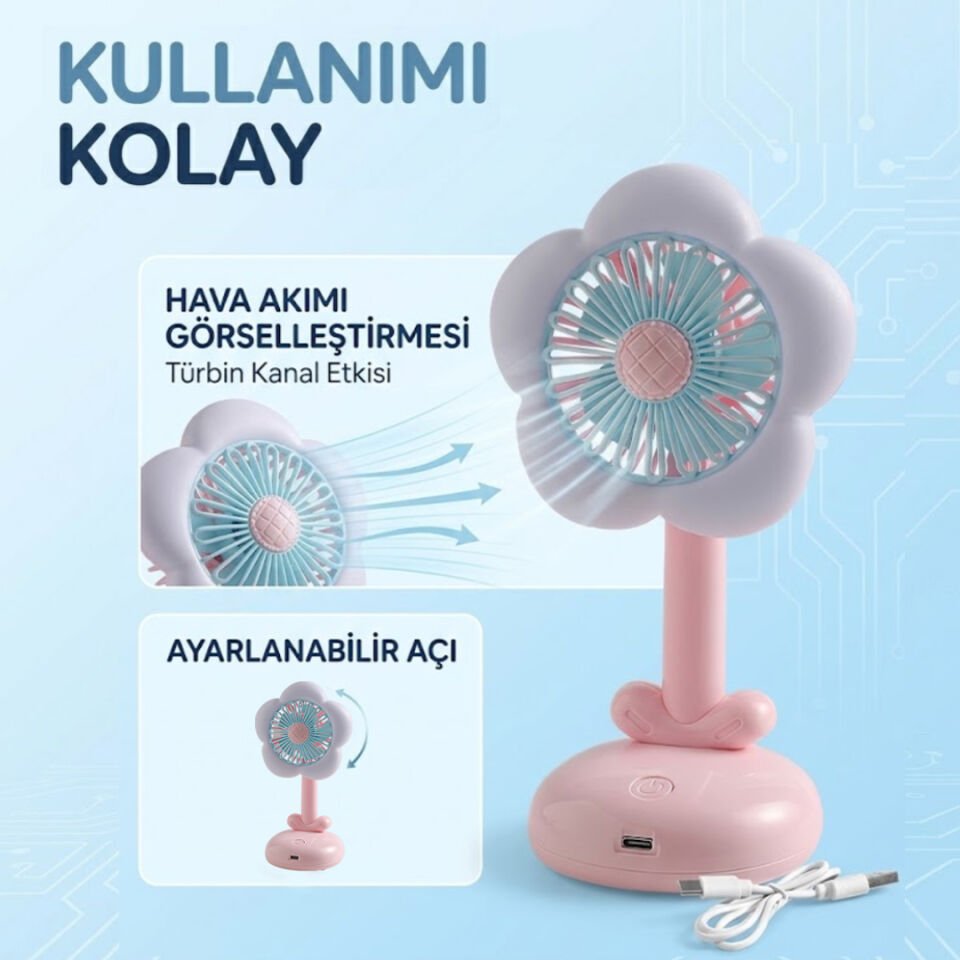 Işıklı Çiçek Tasarımlı Mini Fan pembe