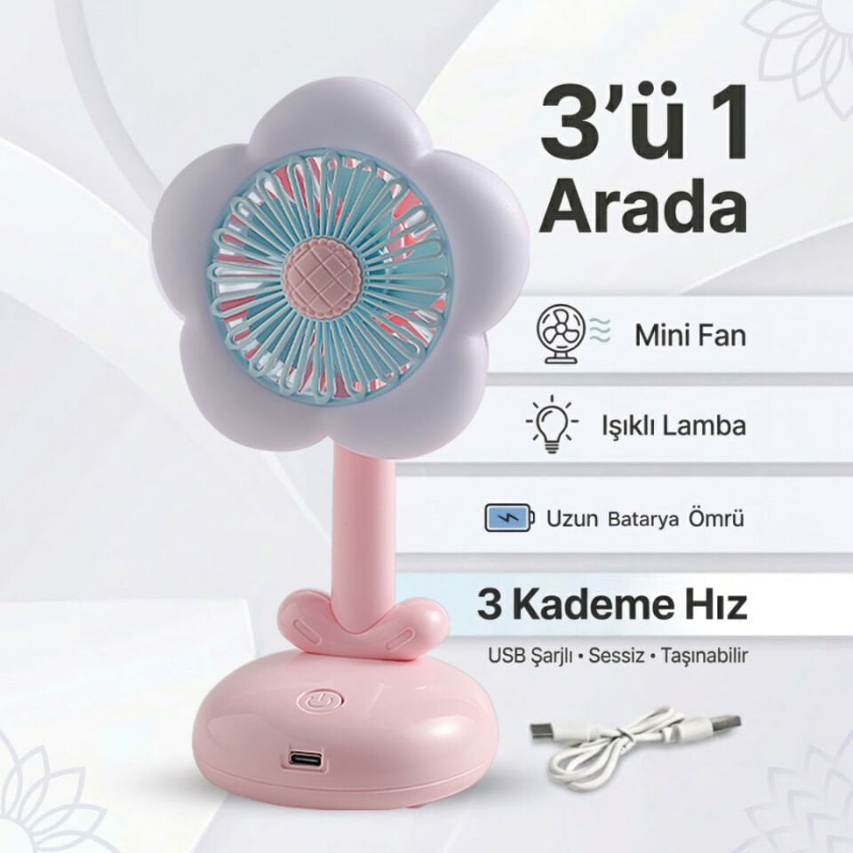 Işıklı Çiçek Tasarımlı Mini Fan pembe