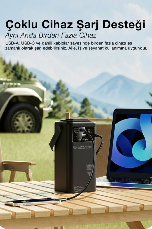 80.000mAh Kamp Lambalı 4 Kablolu Taşınabilir Powerbank