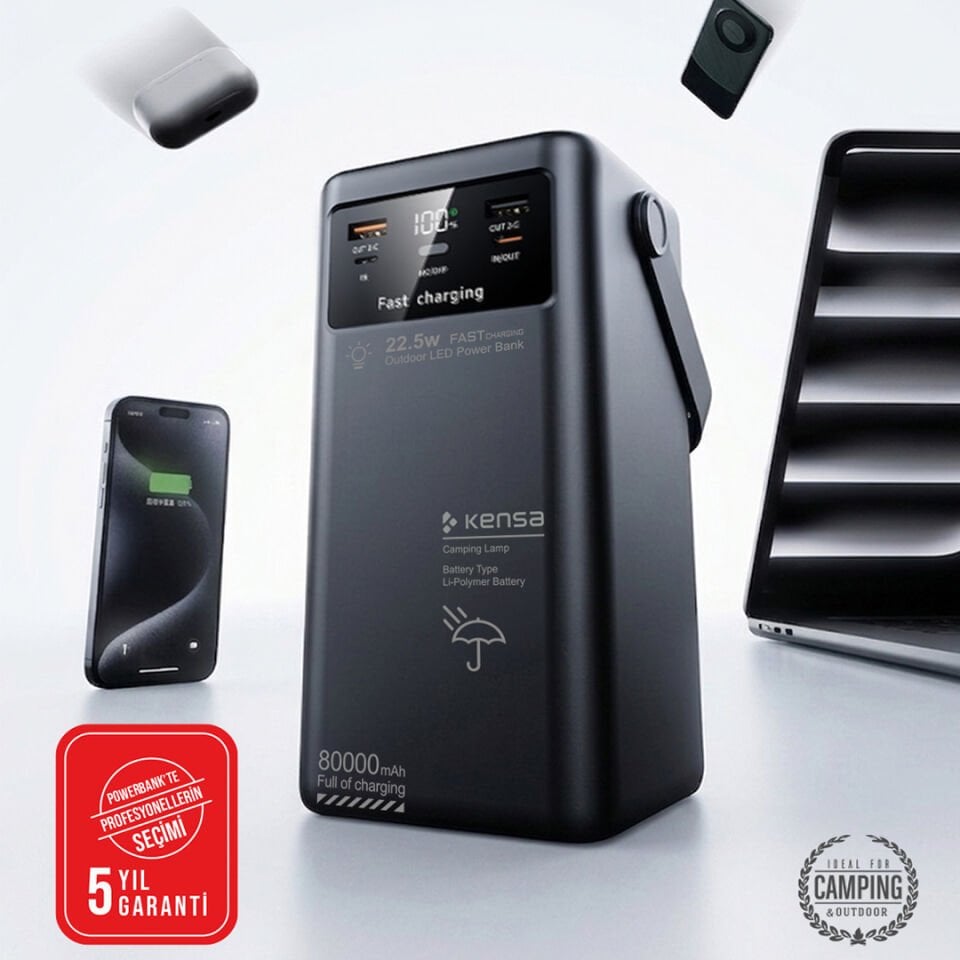 80.000mAh Kamp Lambalı 4 Kablolu Taşınabilir Powerbank