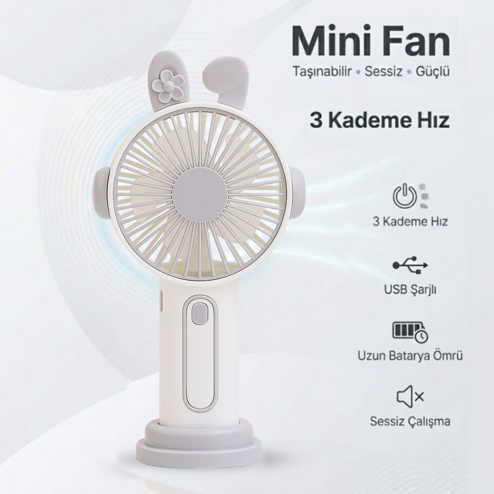 Sevimli Kulak Tasarımlı Şarjlı Mini Fan Gri