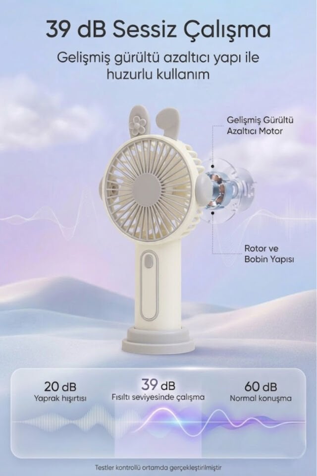 Sevimli Kulak Tasarımlı Şarjlı Mini Fan Gri