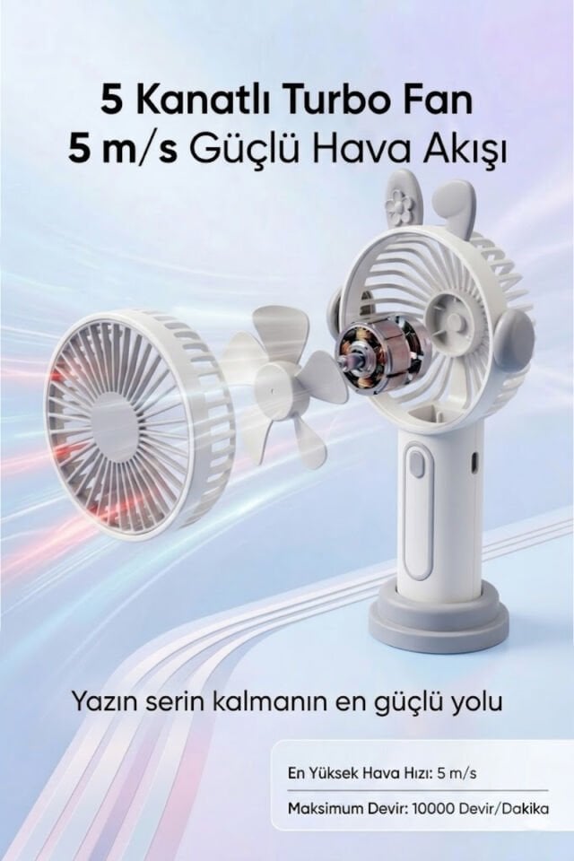 Sevimli Kulak Tasarımlı Şarjlı Mini Fan Gri