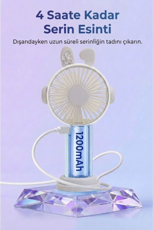 Sevimli Kulak Tasarımlı Şarjlı Mini Fan Gri