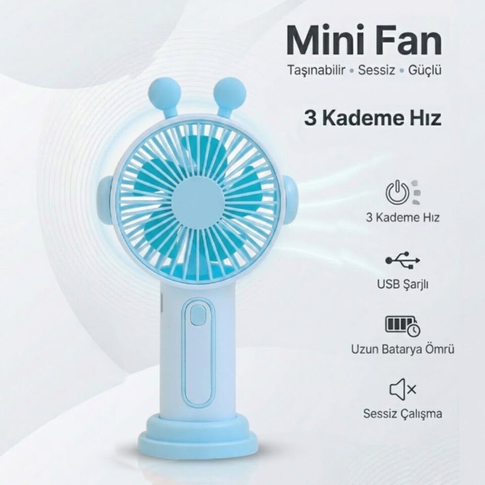 Sevimli Kulak Tasarımlı Şarjlı Mini Fan Mavi