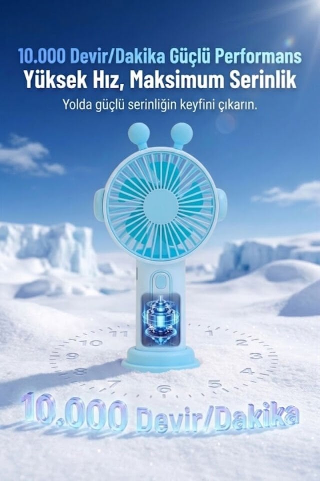 Sevimli Kulak Tasarımlı Şarjlı Mini Fan Mavi