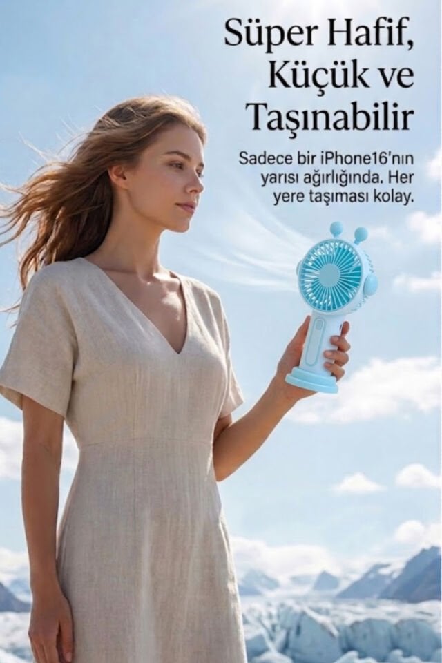 Sevimli Kulak Tasarımlı Şarjlı Mini Fan Mavi