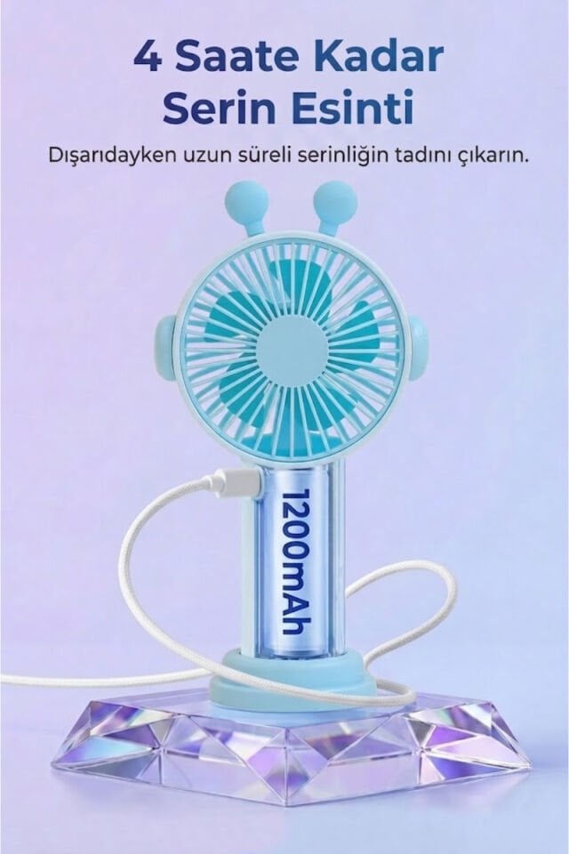 Sevimli Kulak Tasarımlı Şarjlı Mini Fan Mavi
