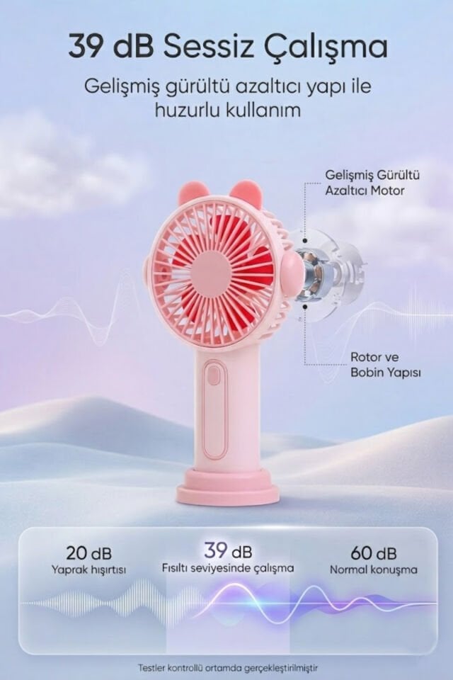 Sevimli Kulak Tasarımlı Şarjlı Mini Fan pembe