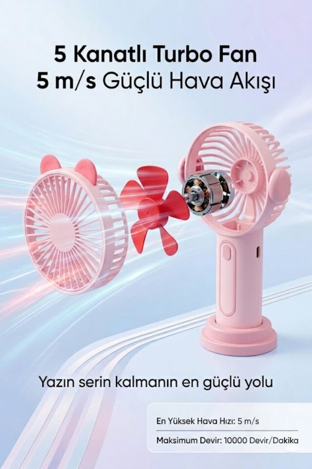 Sevimli Kulak Tasarımlı Şarjlı Mini Fan pembe