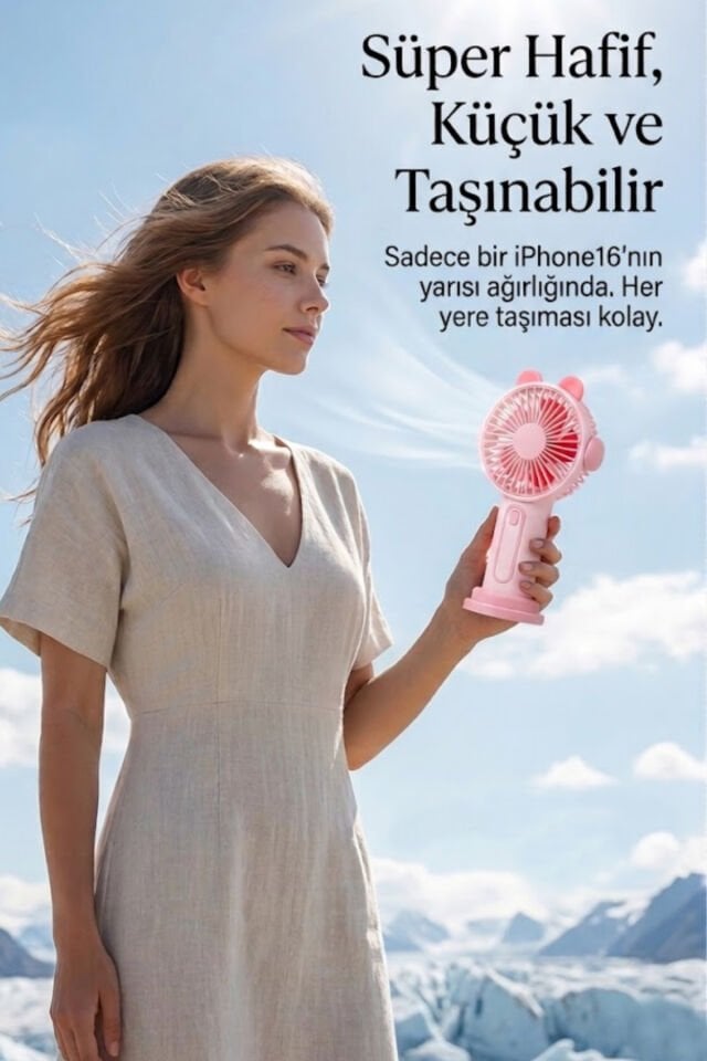 Sevimli Kulak Tasarımlı Şarjlı Mini Fan pembe