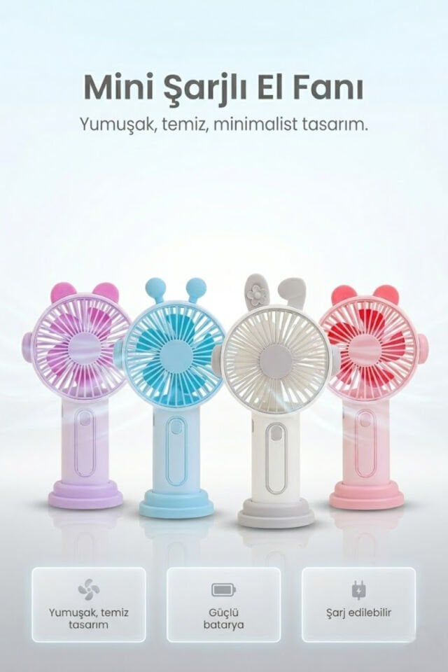 Sevimli Kulak Tasarımlı Şarjlı Mini Fan pembe