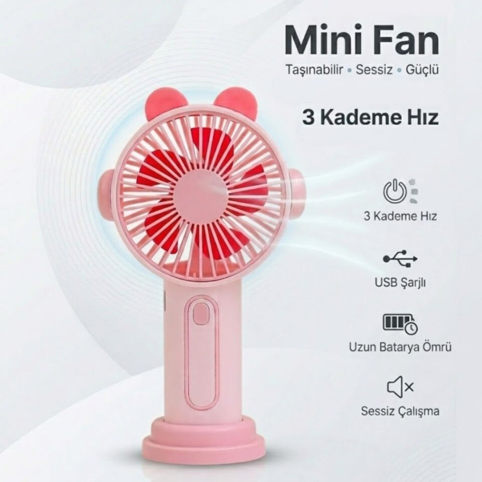 Sevimli Kulak Tasarımlı Şarjlı Mini Fan pembe