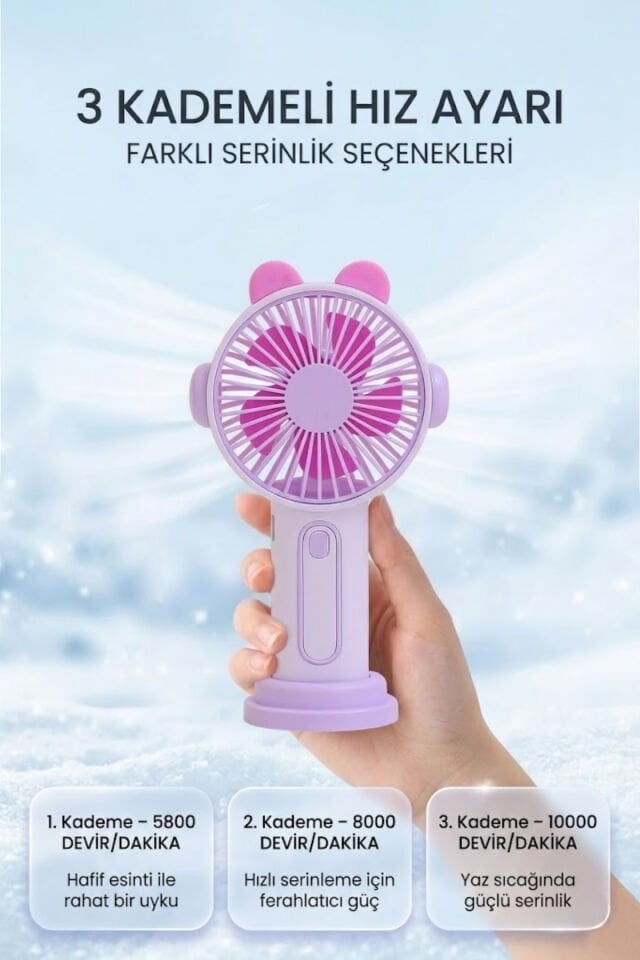 Sevimli Kulak Tasarımlı Şarjlı Mini Fan mor