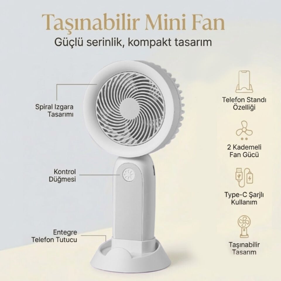 Telefon Standlı Şarjlı Mini El Fanı Gri