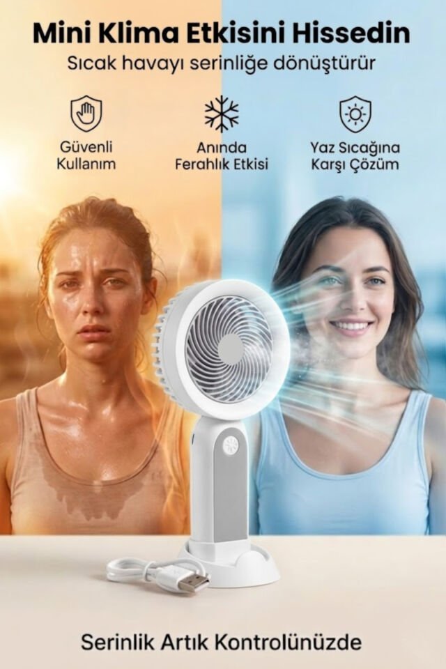 Telefon Standlı Şarjlı Mini El Fanı Gri