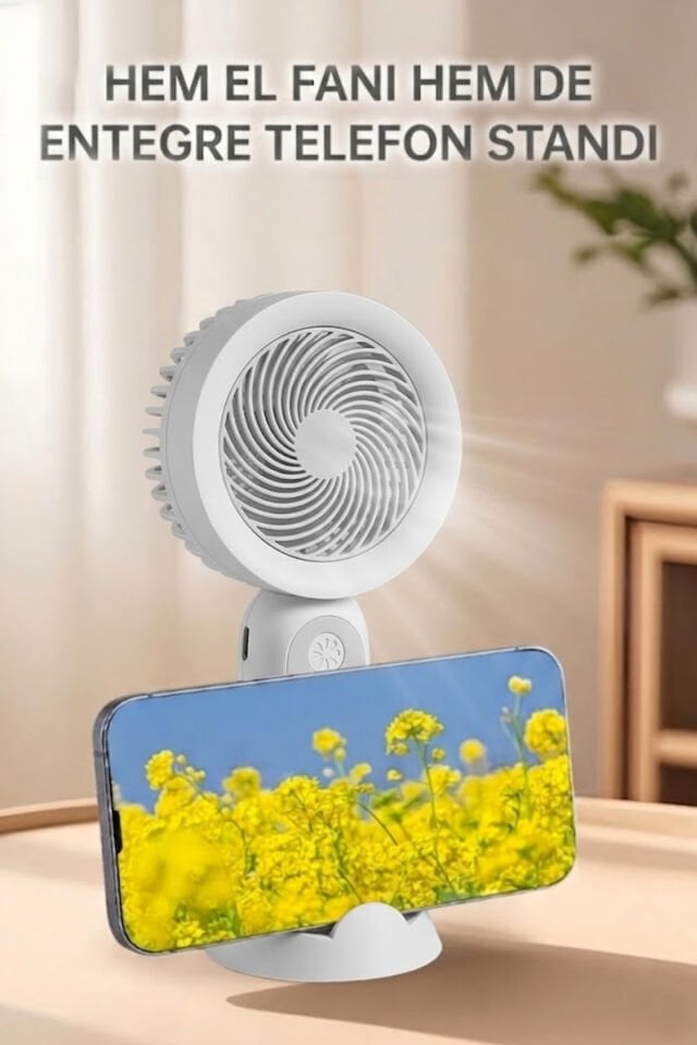 Telefon Standlı Şarjlı Mini El Fanı Gri