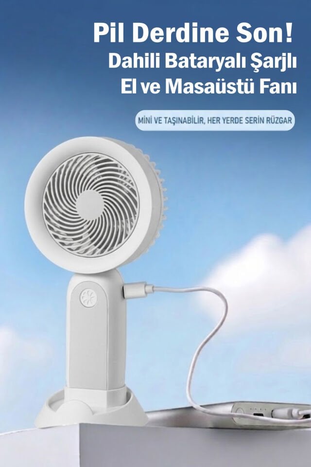 Telefon Standlı Şarjlı Mini El Fanı Gri