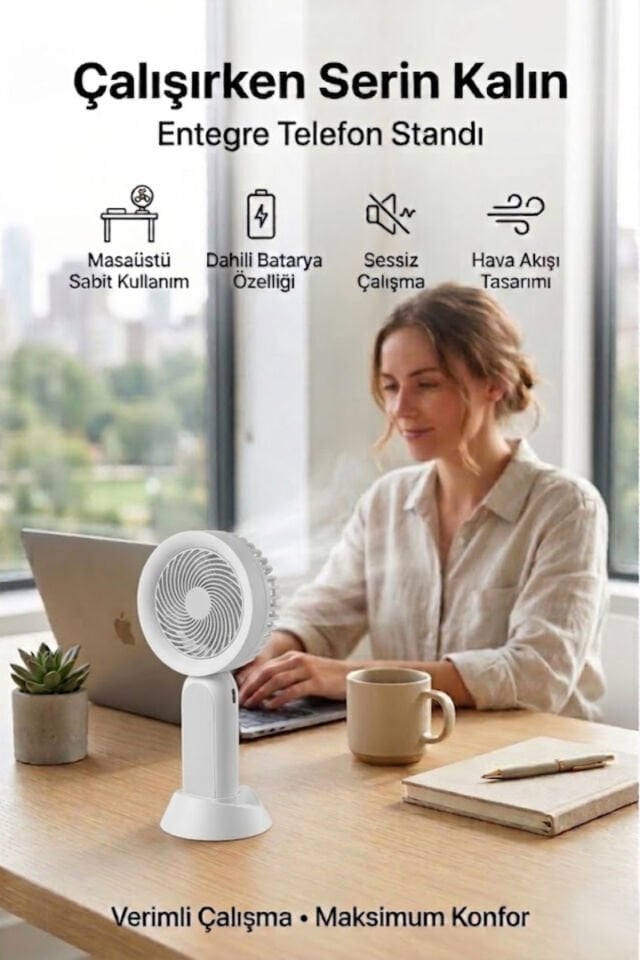 Telefon Standlı Şarjlı Mini El Fanı Gri