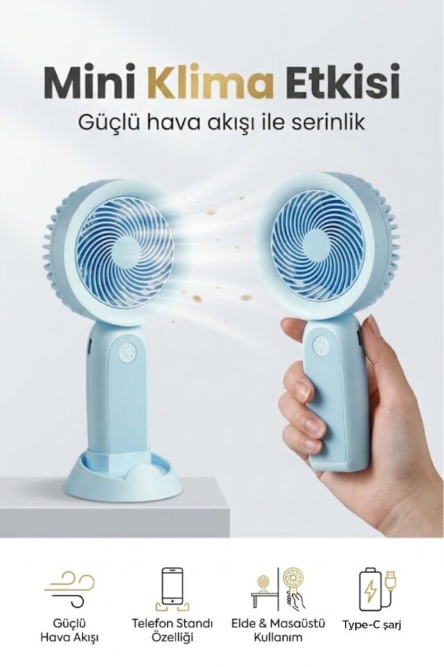 Telefon Standlı Şarjlı Mini El Fanı Mavi