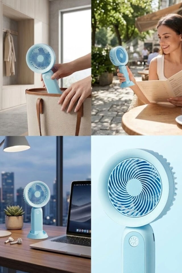 Telefon Standlı Şarjlı Mini El Fanı Mavi