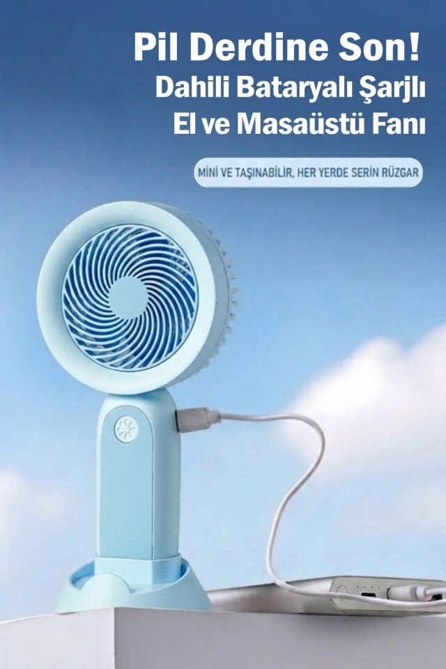 Telefon Standlı Şarjlı Mini El Fanı Mavi