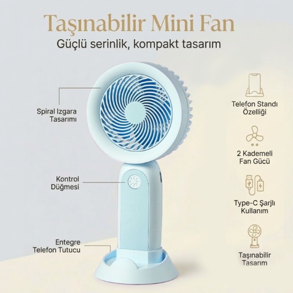 Telefon Standlı Şarjlı Mini El Fanı Mavi