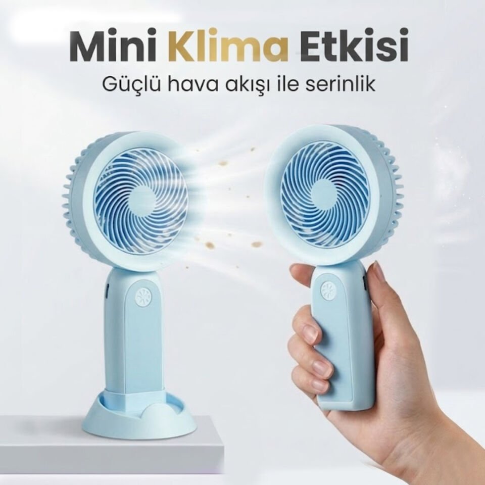 Telefon Standlı Şarjlı Mini El Fanı Mavi