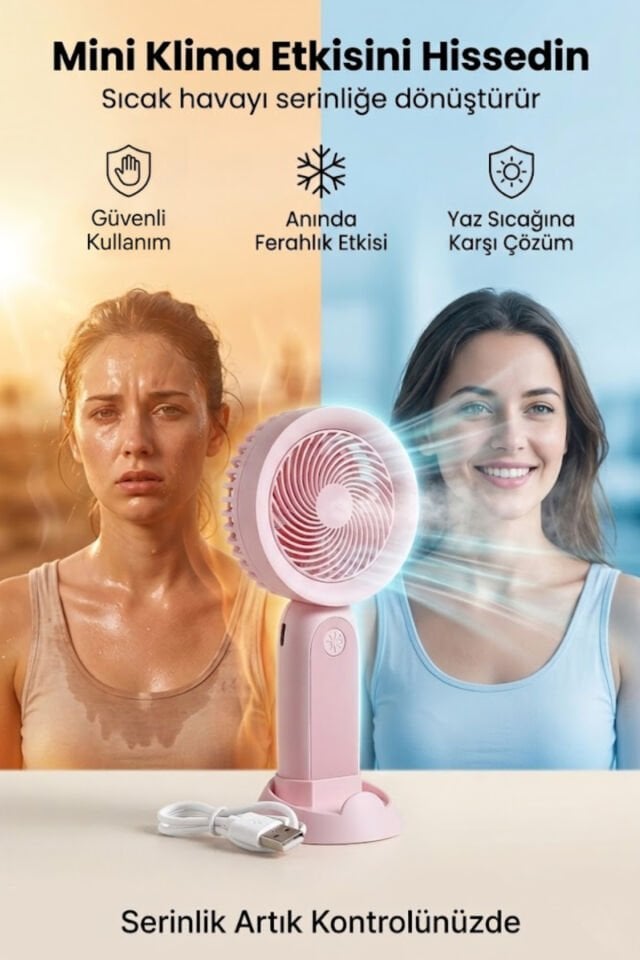 Telefon Standlı Şarjlı Mini El Fanı pembe
