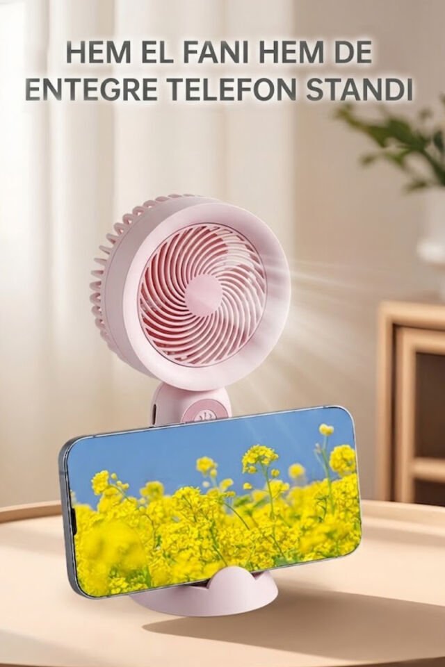 Telefon Standlı Şarjlı Mini El Fanı pembe
