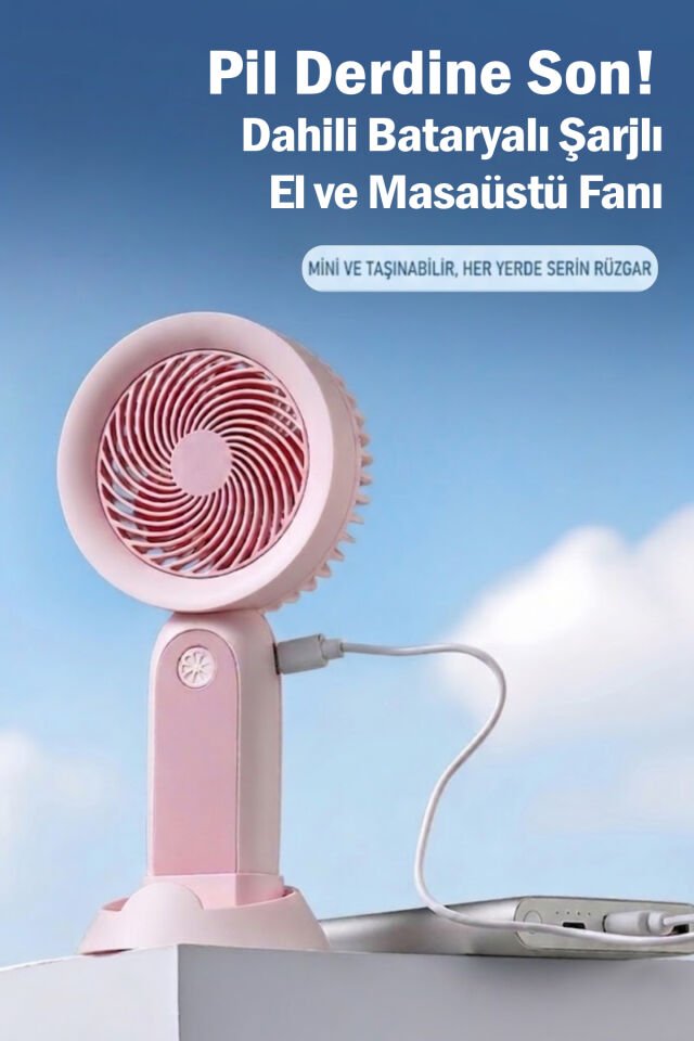 Telefon Standlı Şarjlı Mini El Fanı pembe