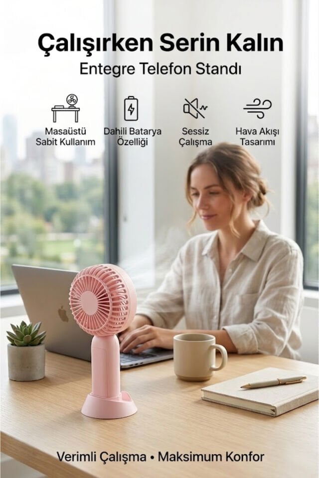 Telefon Standlı Şarjlı Mini El Fanı pembe