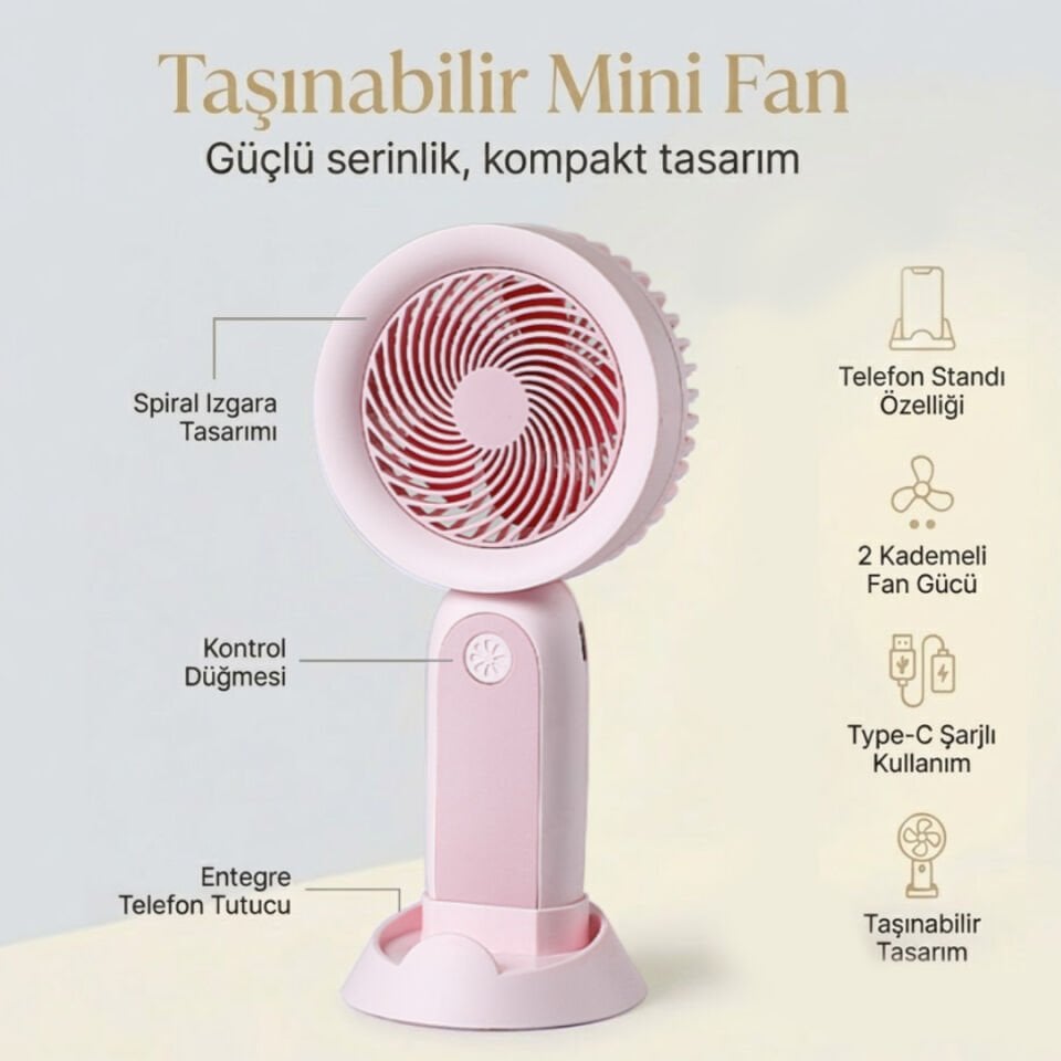Telefon Standlı Şarjlı Mini El Fanı pembe
