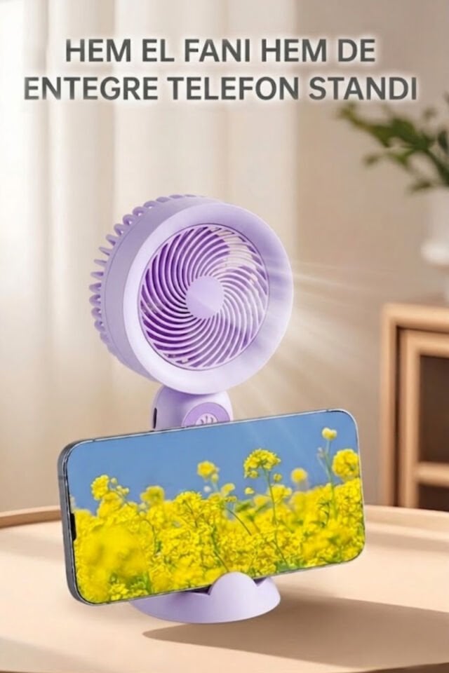 Telefon Standlı Şarjlı Mini El Fanı mor