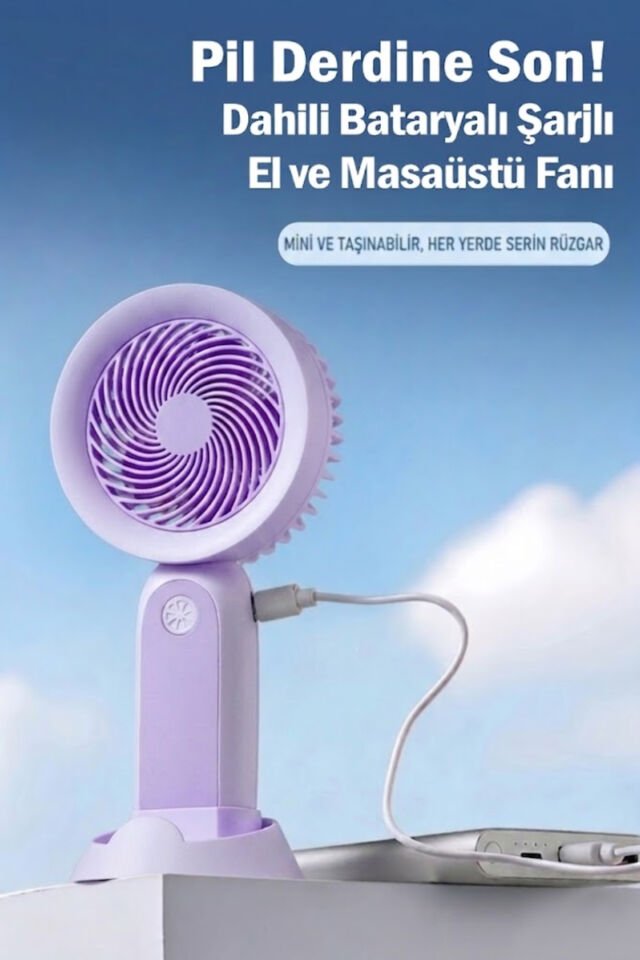 Telefon Standlı Şarjlı Mini El Fanı mor