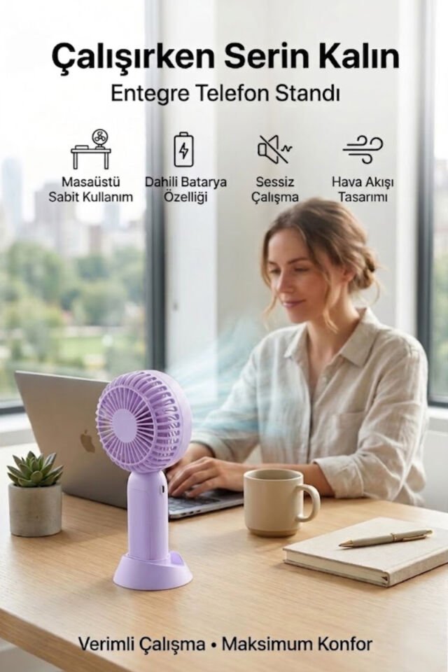 Telefon Standlı Şarjlı Mini El Fanı mor