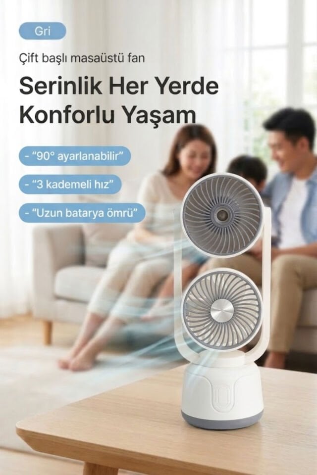 Çift Püskürtmeli Nemlendiricili Masaüstü Vantilatör Gri