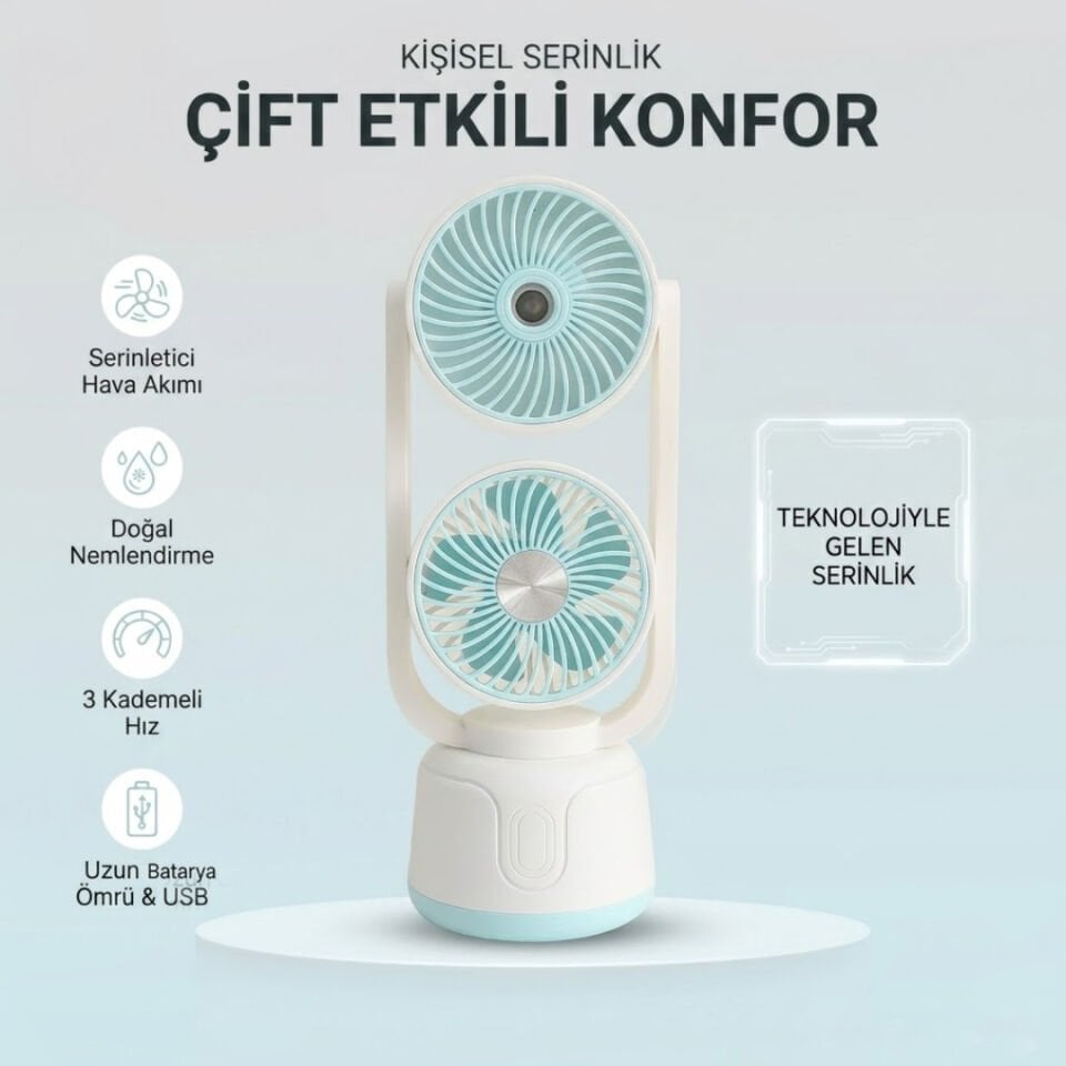 Çift Püskürtmeli Nemlendiricili Masaüstü Vantilatör Mavi