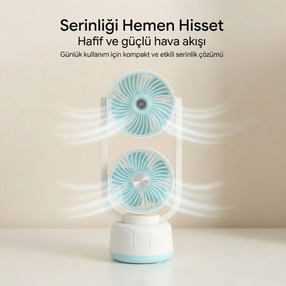 Çift Püskürtmeli Nemlendiricili Masaüstü Vantilatör Mavi