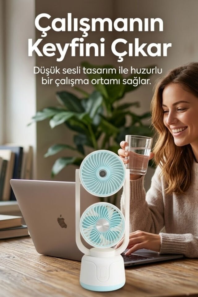 Çift Püskürtmeli Nemlendiricili Masaüstü Vantilatör Mavi