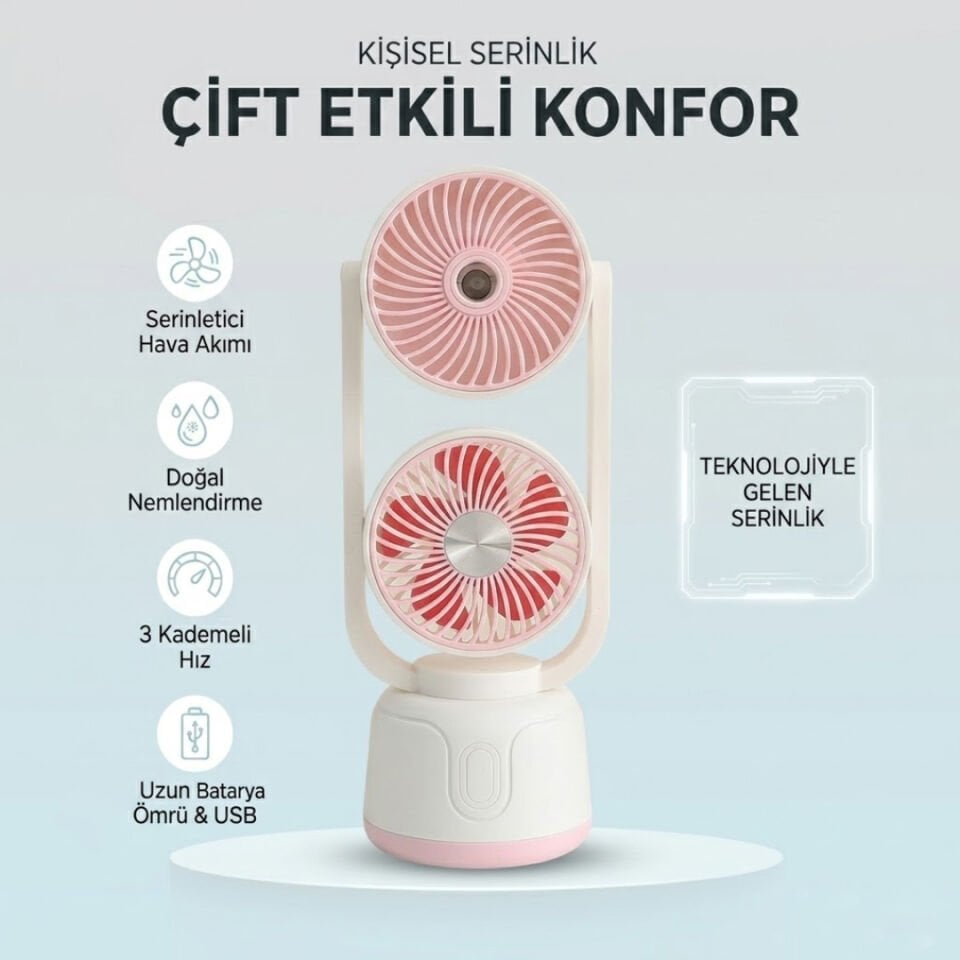 Çift Püskürtmeli Nemlendiricili Masaüstü Vantilatör pembe