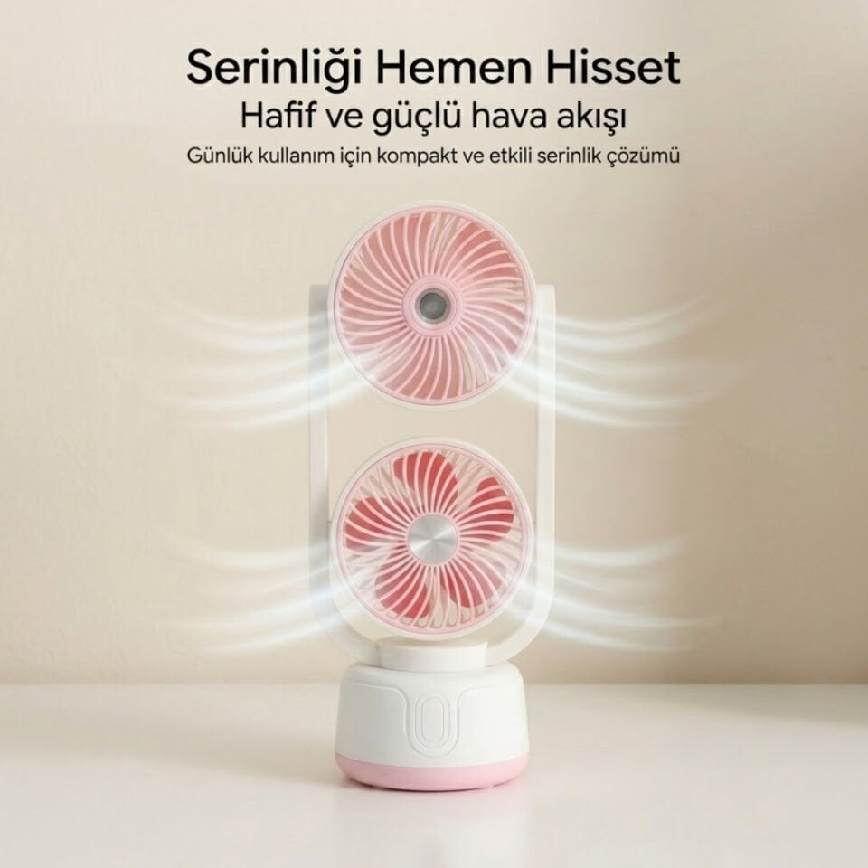 Çift Püskürtmeli Nemlendiricili Masaüstü Vantilatör pembe