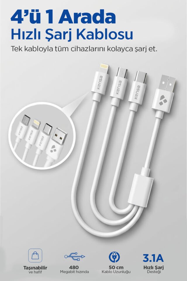 4’ü 1 Arada Hızlı Şarj Kablosu - 50 cm Veri ve Şarj Kablosu
