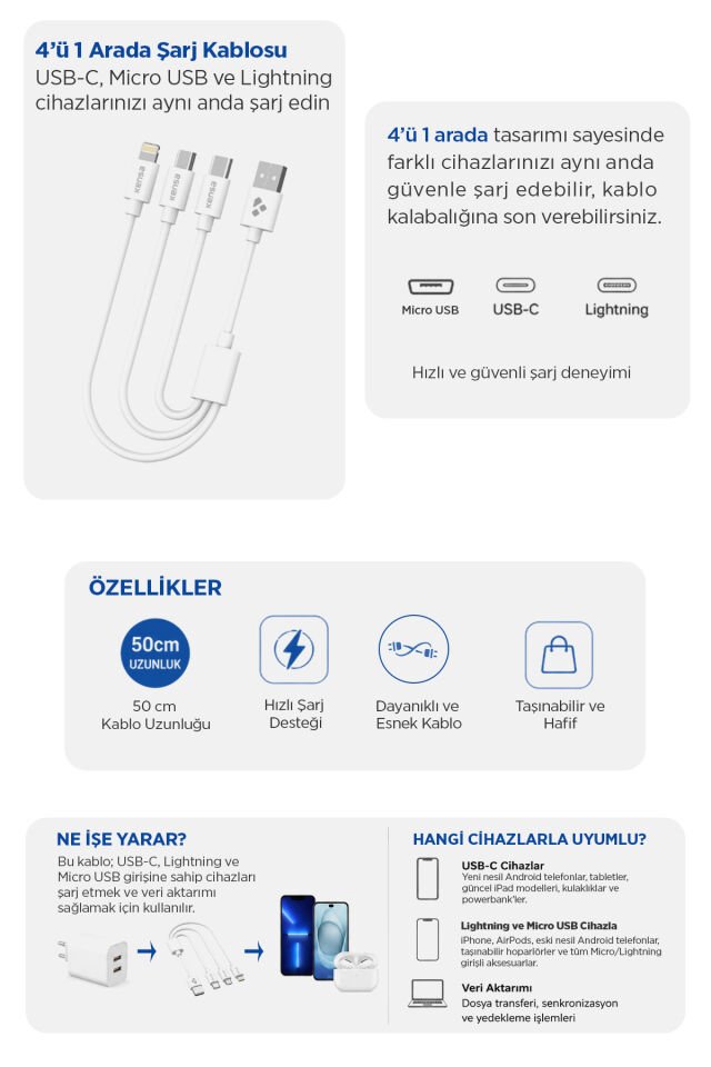 4’ü 1 Arada Hızlı Şarj Kablosu - 50 cm Veri ve Şarj Kablosu