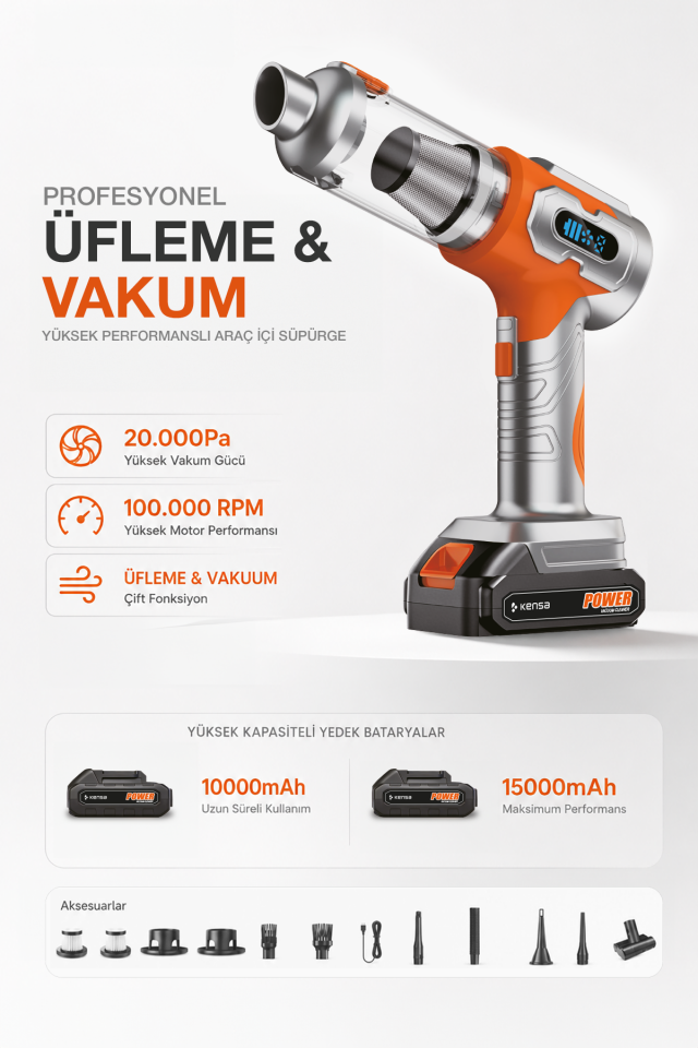 20.000 Pa 100.000 RPM Çok Fonksiyonlu Kablosuz El Süpürgesi