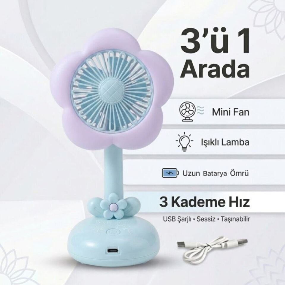 Işıklı Çiçek Tasarımlı Mini Fan Mavi
