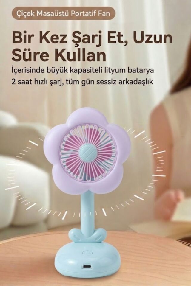 Işıklı Çiçek Tasarımlı Mini Fan Mavi