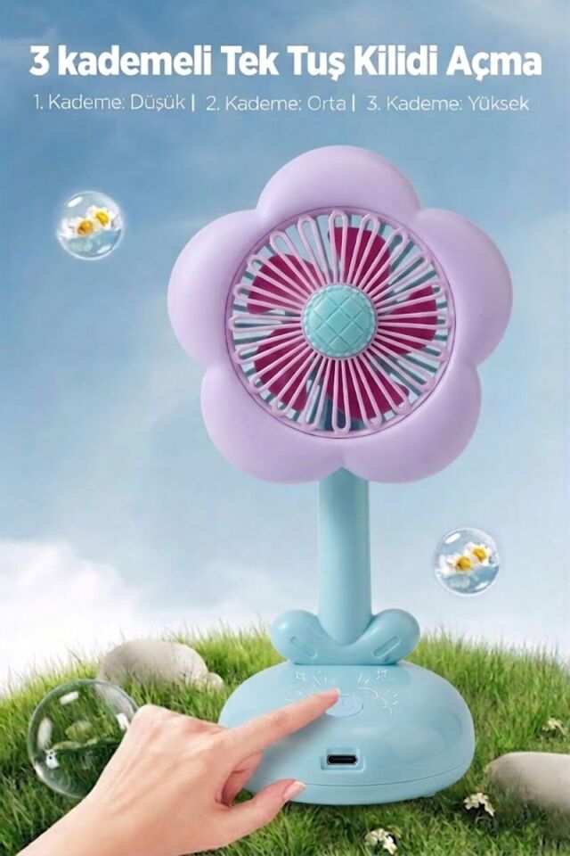 Işıklı Çiçek Tasarımlı Mini Fan Mavi
