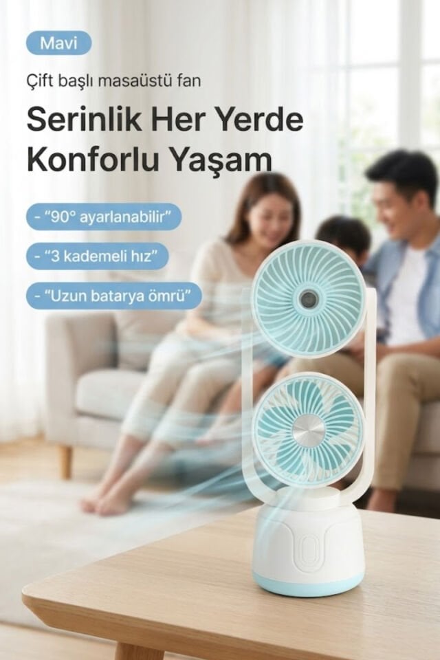Çift Püskürtmeli Nemlendirici ve Güçlü Fan Mavi