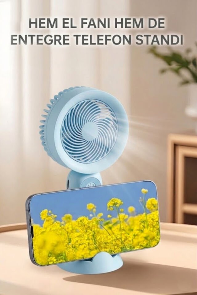 Telefon Standlı Şarjlı Mini El Fanı Mavi